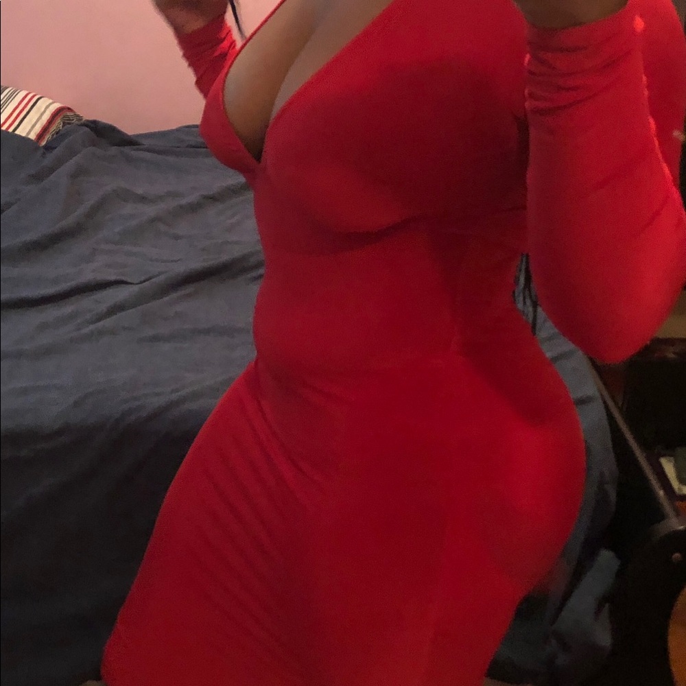 Red deep plunge dress